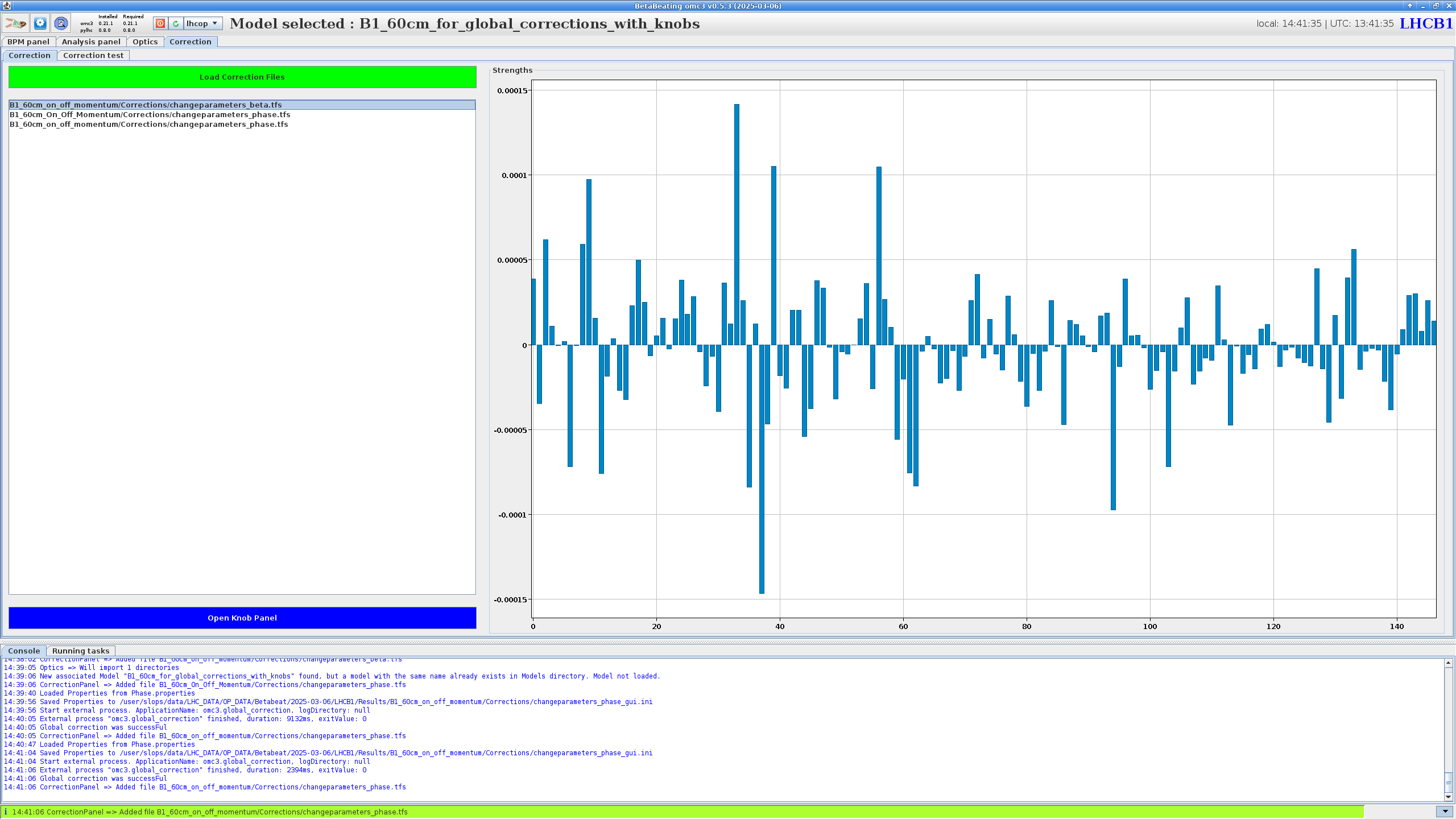Correction Panel with Loaded Corrections and Strengths Plot
