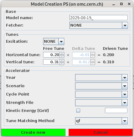 Model creation window for the PS.