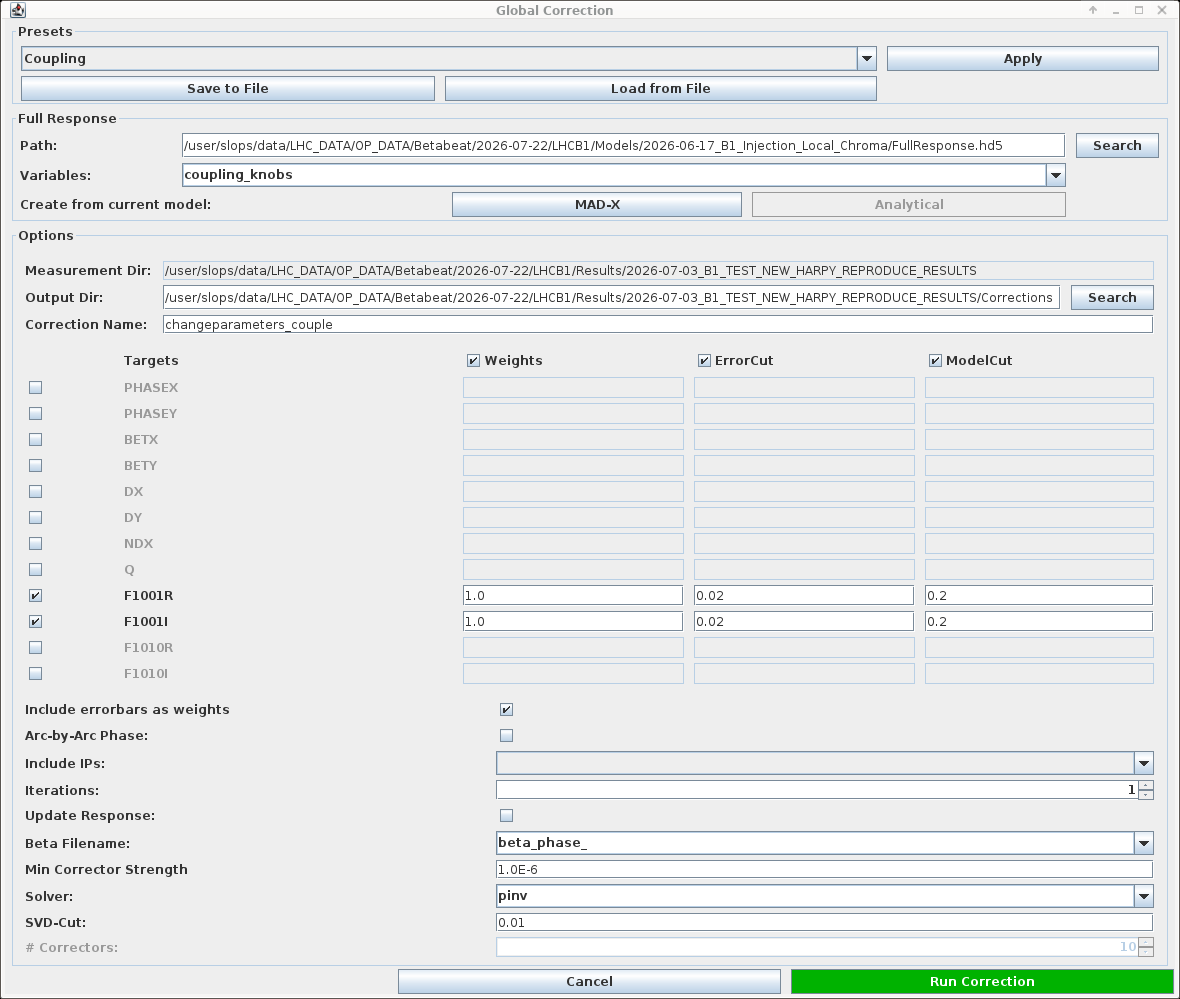 Global Correction Dialogue, Coupling Preset