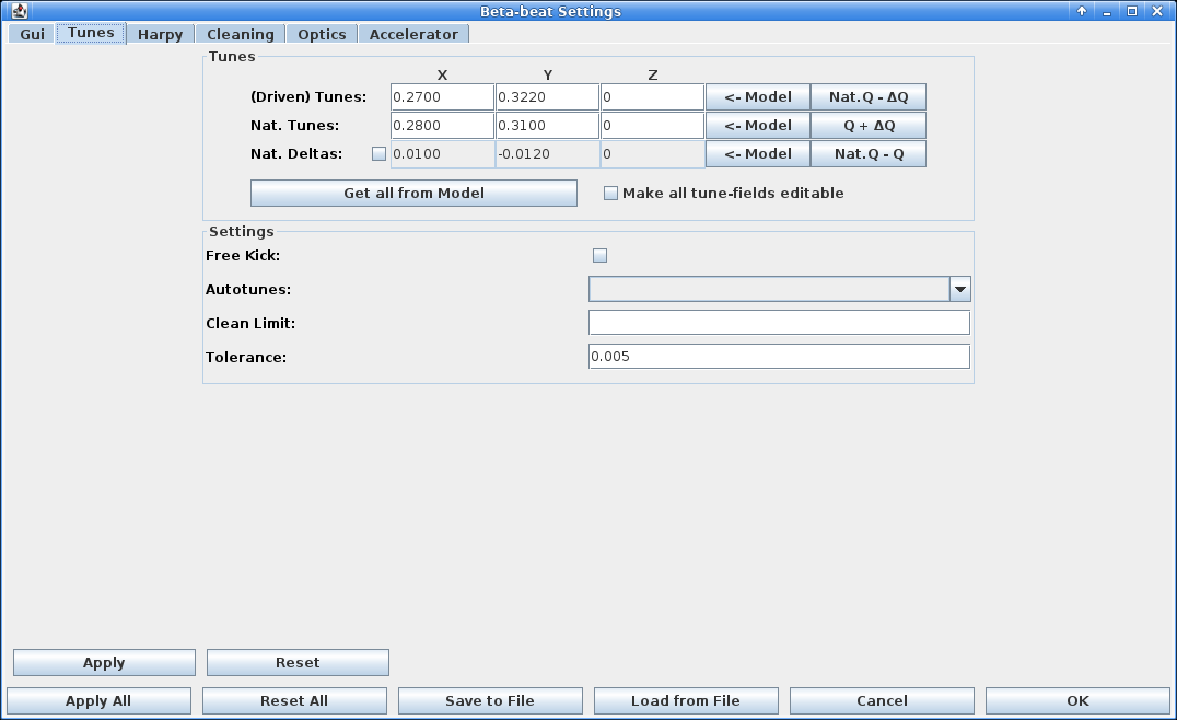 Tunes settings tab.