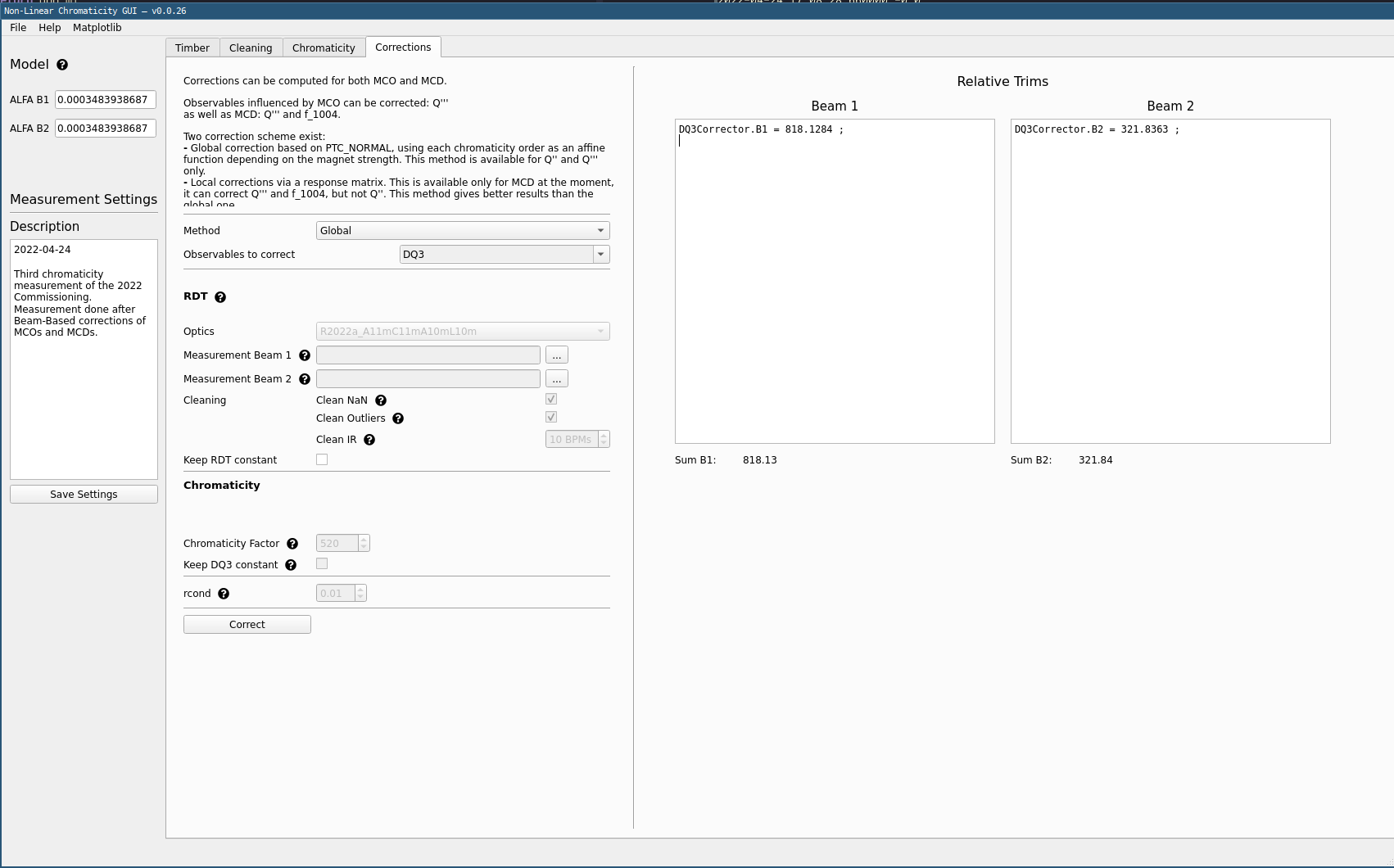 Corrections tab determined trims