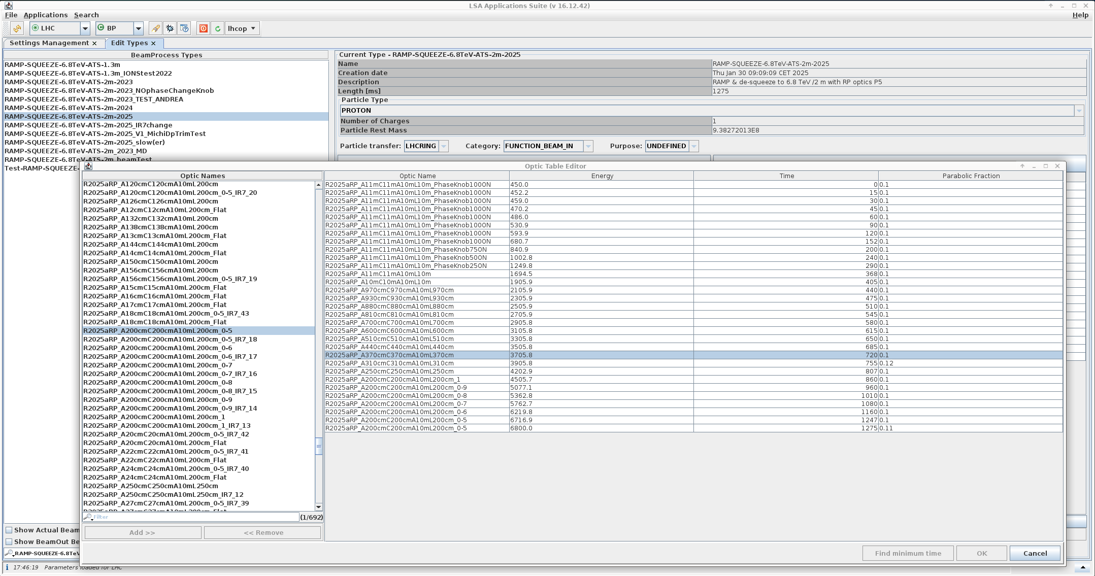 Beam Process Optics Table from LSA App Suite