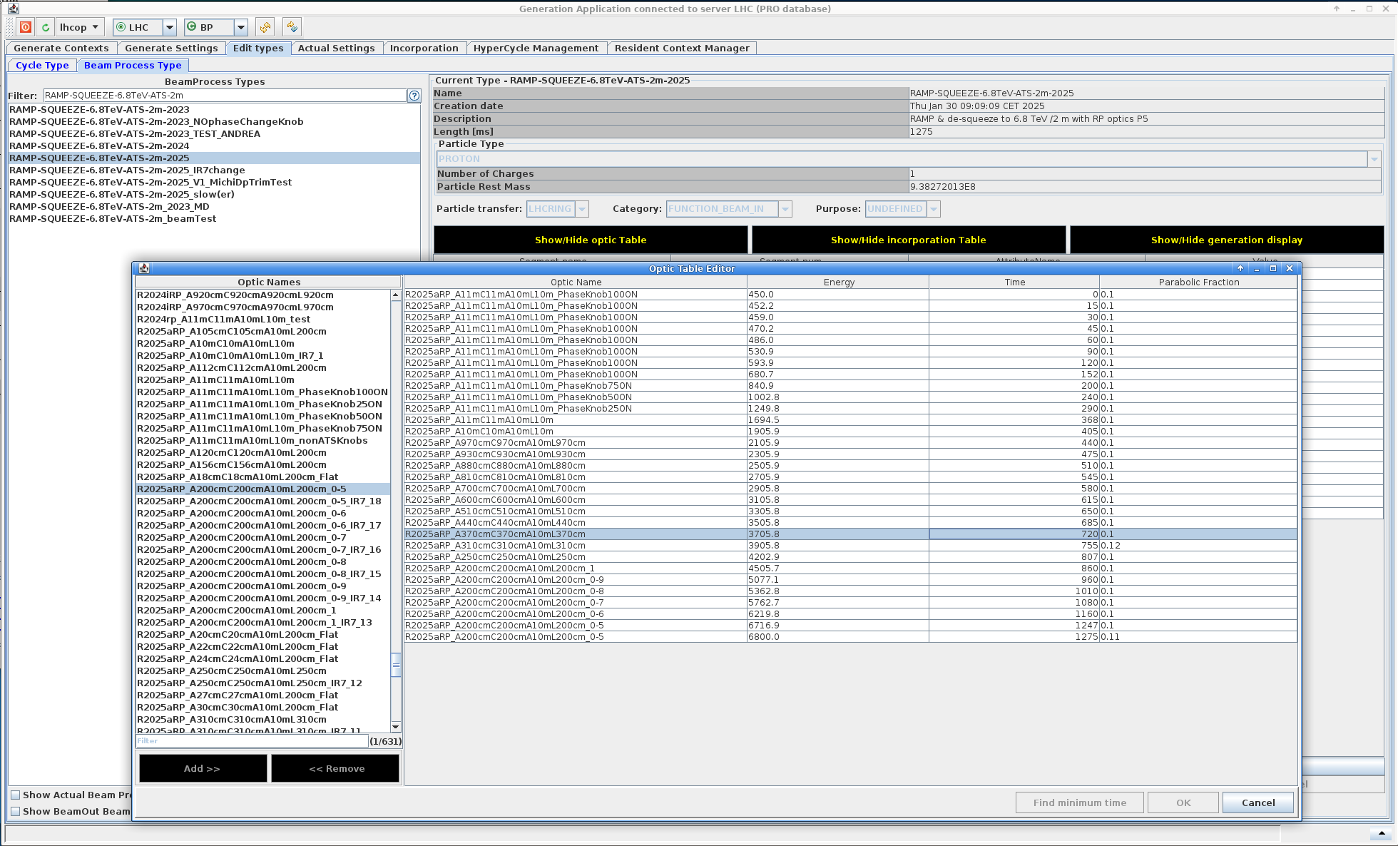 Beam Process Optics Table from LSA Generation App