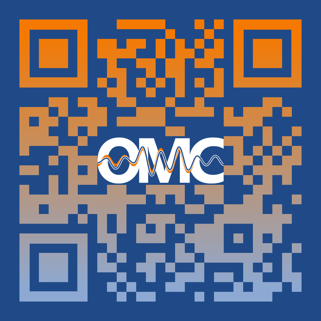 QR code linking to the OMC website, with the OMC logo at its center, drawn in orange and white blocks on a dark blue background