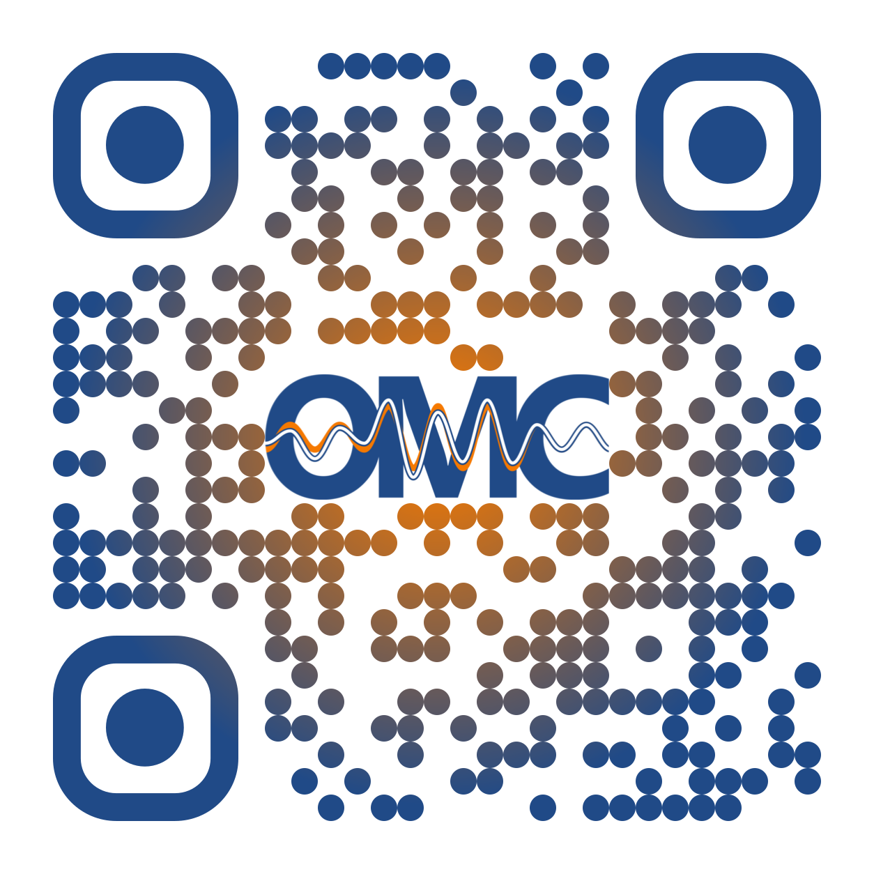 QR code linking to the OMC website, with the OMC logo at its center, drawn in blue and orange dots on a white background