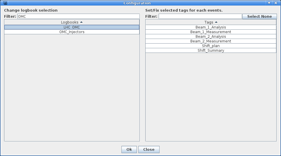 Configuration popup with the OMC logbook selected